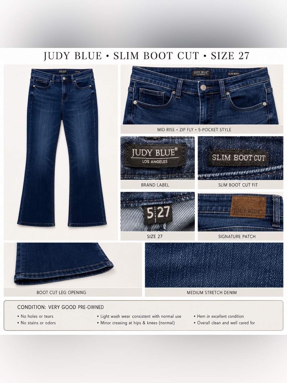 Judy Blue Slim Boot Cut Jeans Mid Rise Stretch Denim Size 27 Dark Wash - Picture 4 of 14